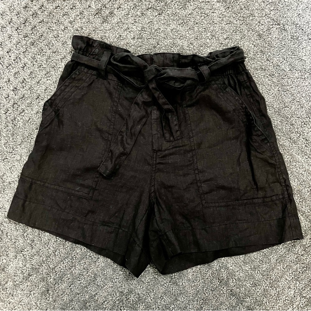 100% Linen Black Paperbag Waist Shorts High Rise Minimalist Summer Capsule Small